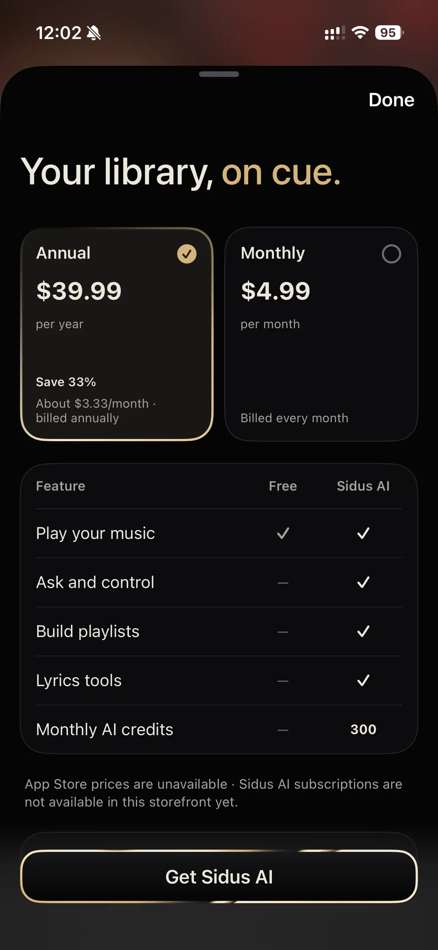 Sidus AI plan comparison on iPhone