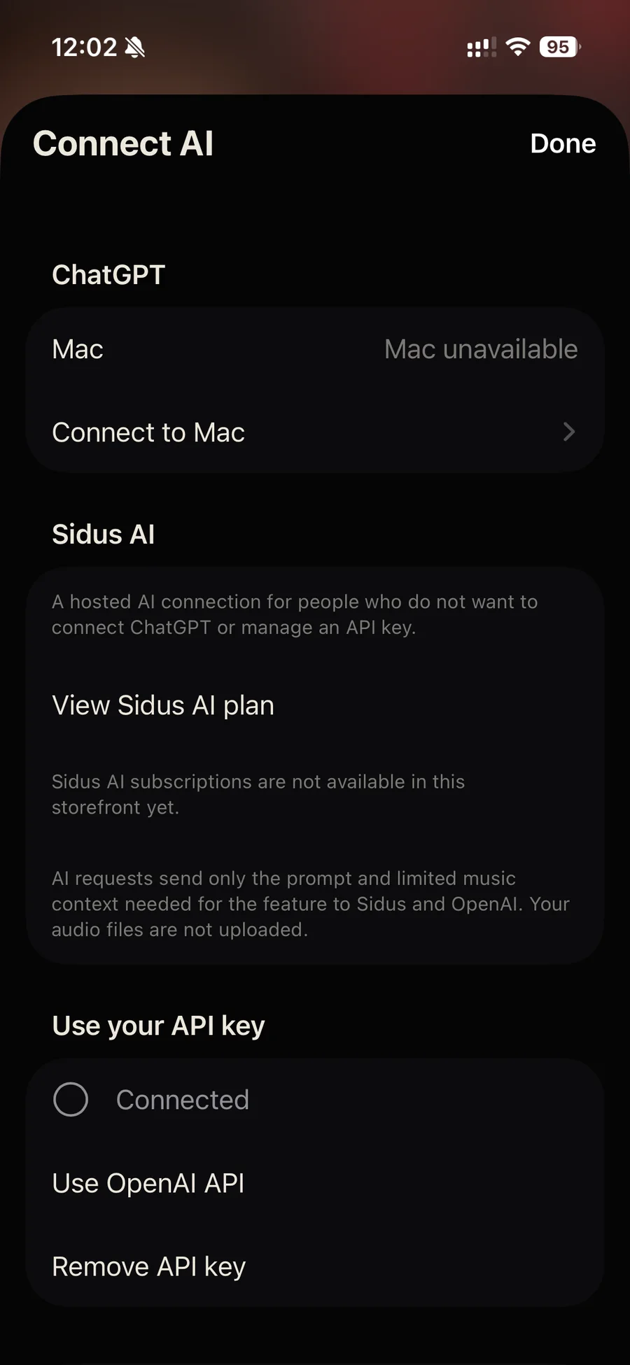 AI connection choices in Sidus on iPhone