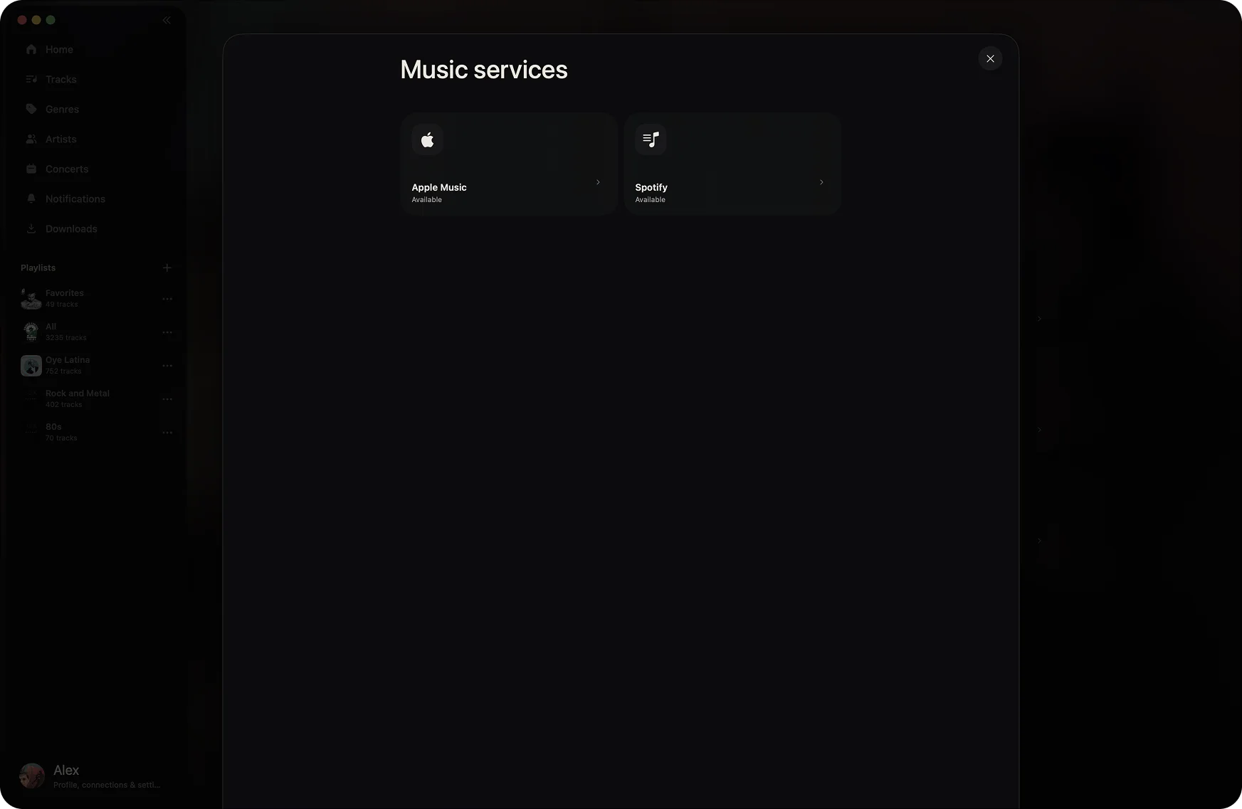 Optional music service connections in Sidus on macOS