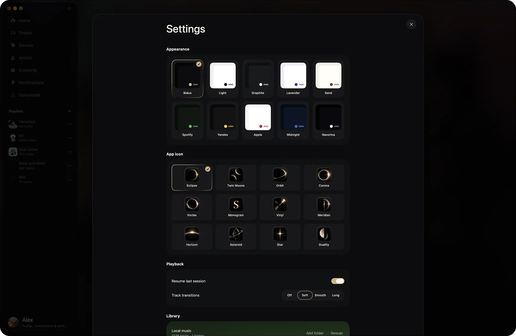 Sidus appearance and playback settings on macOS
