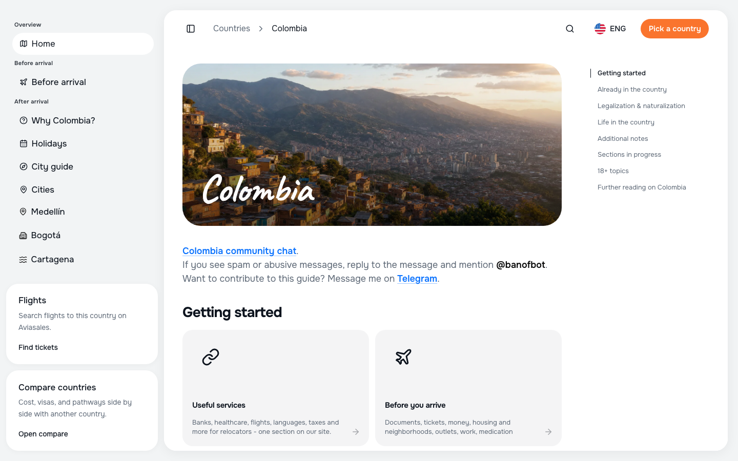 English Travelguide interface for the Colombia guide