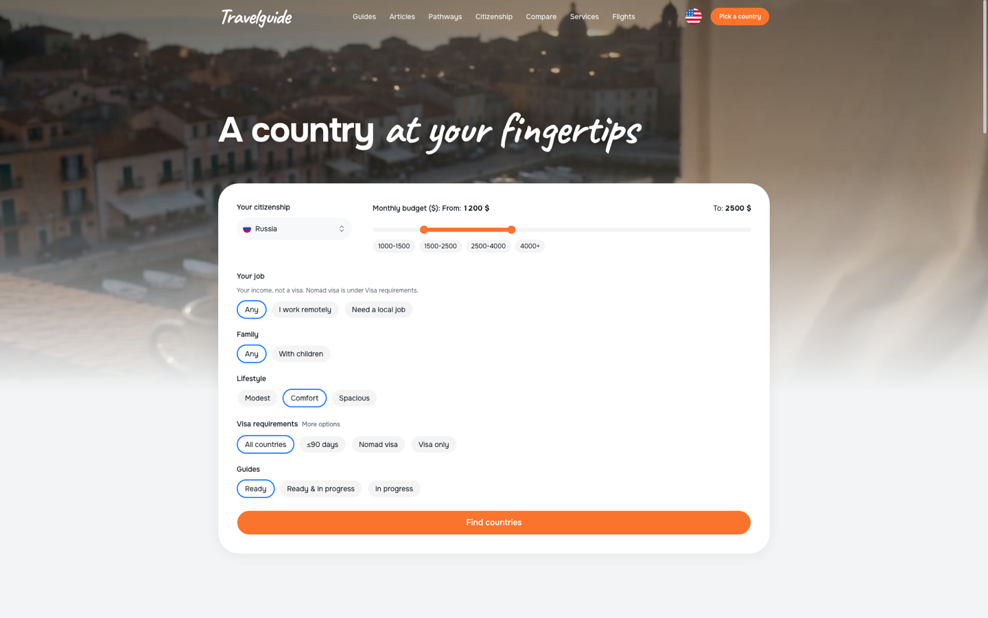 English Travelguide country-matching form